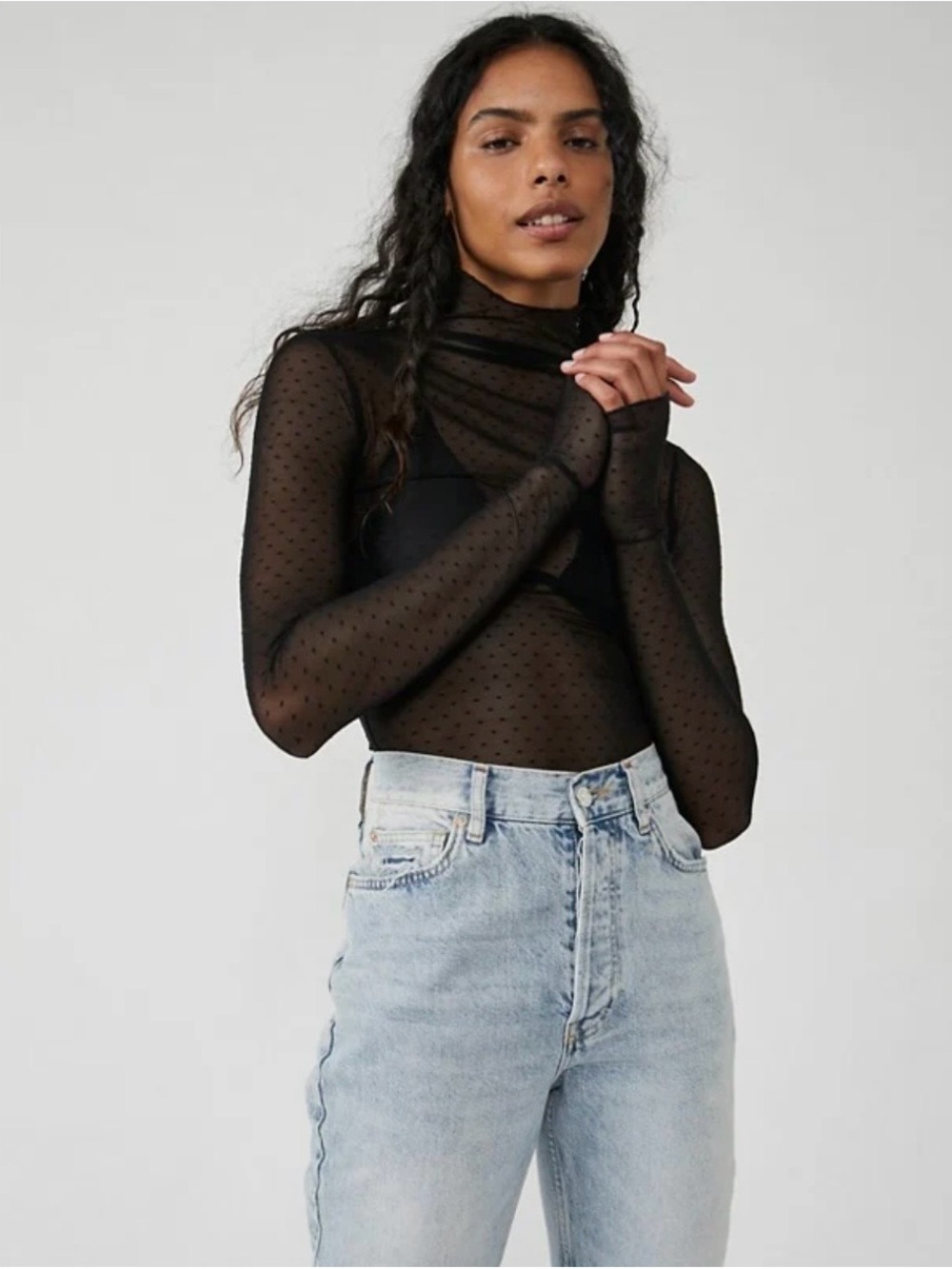 Free People Black Sheer Mesh Polka Dot Top